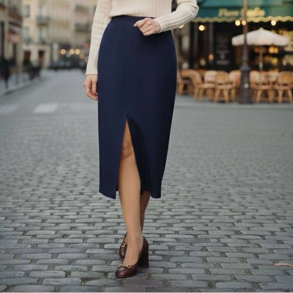 NWT Vintage PIERRE CARDIN Paris Navy Blue Slit Midi Skirt Size 8 late-1970s